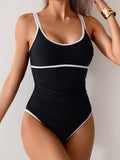Emoswim-Damen Bauchweg-Badeanzug, Color Block, Einteiler, Schlankmachend, Doppelträger-Bademode, High-Cut-Badeanzug