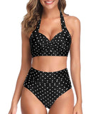 Emoswim – Verstellbarer Vintage Neckholder-Bikini mit hoher Taille und schwarzen Punkten