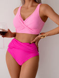 EMOSWIM - Damen High Waisted Bikini Sets, einfarbig plissiert, 2-teilige Badeanzüge, sexy Strand-Sets mit herausnehmbaren Polstern