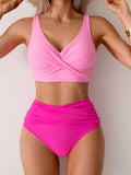 EMOSWIM - Damen High Waisted Bikini Sets, einfarbig plissiert, 2-teilige Badeanzüge, sexy Strand-Sets mit herausnehmbaren Polstern