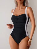EMOSWIM - Damen Einteiler Badeanzug Gerafft Bauchkontrolle Badeanzug Schlankmachender Farbblock Schwimmanzug Bademode