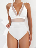 Emoswim – Damen Plus Size Einteiler Badeanzug V-Ausschnitt Mesh transparent Bauchkontrolle