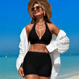 EMOSWIM - Damen-Bikini-Sets Trim 2-teiliger hoch taillierter Badeanzug Neckholder V-Ausschnitt Verstellbare Kordelzugträger Badeanzug mit Boyshort