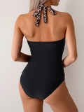 Emoswim-Damen Einteiler Badeanzug Leopard Splicing Neckholder V-Ausschnitt Sexy Bauchkontrolle Push Up Bademode zum Binden im Rücken