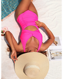 Emoswim - Damen Einteiler-Badeanzüge Push-up Bauchkontrolle Bademode V-Ausschnitt Cutout Dezente Bademode – Pink