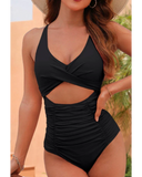 Emoswim – Damen-Badeanzüge, einteilig, Push-up, Bauchkontrolle, V-Ausschnitt, Cut-out, dezente Bademode – Schwarz