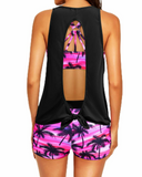 Emoswim – Damen 3-teiliger Tankini mit U-Ausschnitt und überkreuzten Trägern – Schwarz Pink Palme