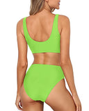 Emoswim – Hoher Beinausschnitt Badeanzug Crop Top Zweiteiliger Scoop Neck Bikini für Damen – Neongrün