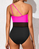 Emoswim - One Shoulder One Piece Swimsuit for Women Tummy Control Bathing Suits-Pink Mesh