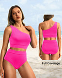 Emoswim - One-Shoulder-Bikini-Sets mit hoher Taille, zweiteiliger Badeanzug, Bauchkontrolle – Pink