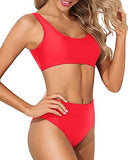 Emoswim – Bauchweg-High-Waist-Bikini, zweiteilig, Rundhals, für Damen – Neonrot