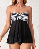 Emoswim - Maillot de Bain Tankini Bandeau Halter Évasé Taille Moyenne pour Femmes - Rayures Noires et Blanches