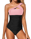 Emoswim – Damen Tankini-Badeanzug mit Bauchkontrolle, One-Shoulder-Oberteil & Shorts – Rosa und Schwarz