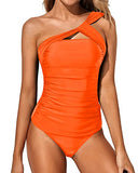 Emoswim - Tankini 2 pièces asymétrique à épaule unique et short pour femme - Orange fluo