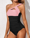 Emoswim – Damen Tankini-Badeanzug mit Bauchkontrolle, One-Shoulder-Oberteil & Shorts – Rosa und Schwarz