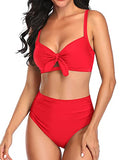 Emoswim - Niedlicher zweiteiliger Bikini-Set mit Bauchkontrolle, geraffter Bikini-Neonrot