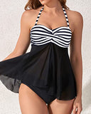 Emoswim - Maillot de Bain Tankini Bandeau Halter Évasé Taille Moyenne pour Femmes - Rayures Noires et Blanches