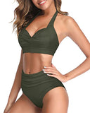 Emoswim - Damen Vintage Retro Neckholder High Waist High Leg Bikini-Badeanzug-Armeegrün