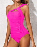 Emoswim - Maillot de bain court élégant froncé à une épaule Tankini-Rose fluo