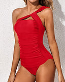 Emoswim - Women's Tankini Asymmetrical One Shoulder Top & Shorts-Red
