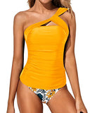 Emoswim – Damen 2-teiliger Tankini mit One-Shoulder-Oberteil & bauchkontrollierender Shorts – Gelb geblümt