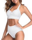 Emoswim – Zweiteiliger Neckholder-Bikini mit geraffter High-Waist, verstellbaren Trägern – Weiß