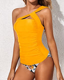 Emoswim – Damen 2-teiliger Tankini mit One-Shoulder-Oberteil & bauchkontrollierender Shorts – Gelb geblümt