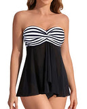Emoswim - Maillot de Bain Tankini Bandeau Halter Évasé Taille Moyenne pour Femmes - Rayures Noires et Blanches