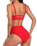 Emoswim - Niedlicher zweiteiliger Bikini-Set mit Bauchkontrolle, geraffter Bikini-Neonrot
