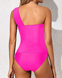 Emoswim - Maillot de bain court élégant froncé à une épaule Tankini-Rose fluo