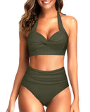 Emoswim - Damen Vintage Retro Neckholder High Waist High Leg Bikini-Badeanzug-Armeegrün