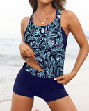 Emoswim - Damen 3-teiliger Tankini mit U-Ausschnitt, überkreuzten Trägern - Marineblau Reben