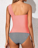 Emoswim - Tankini Asymétrique à Une Épaule pour Femmes avec Short - Rayures Rose Corail