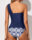 Emoswim - Damen zweiteiliger Tankini, ein Schulter-Badeoberteil, Shorts, Badeanzüge - Marineblau Tribal