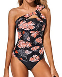 Emoswim - Chubby Girls & Young Moms Zweiteiliger Tankini Badeanzug für Damen - Schwarz Orange Blumenmuster