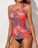 Emoswim – Damen-Tankini-Set, One-Shoulder-Oberteil & geraffte Shorts – Rot geblümt
