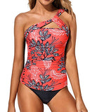 Emoswim – Damen-Tankini-Set, One-Shoulder-Oberteil & geraffte Shorts – Rot geblümt