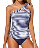Emoswim - Stylish One Shoulder Swim Top 2 Piece Tankini Bathing Suits For Women Shorts-Blue White Stripe