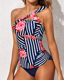 Emoswim - Maillot de bain tankini une épaule et short pour femme - Motif floral bleu