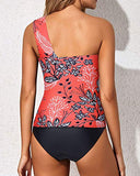 Emoswim – Damen-Tankini-Set, One-Shoulder-Oberteil & geraffte Shorts – Rot geblümt