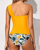 Emoswim – Damen 2-teiliger Tankini mit One-Shoulder-Oberteil & bauchkontrollierender Shorts – Gelb geblümt