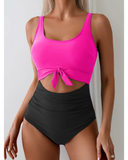 Emoswim - Damen Einteiliger Badeanzug Bauchkontrolle Figurformend Cutout mit Schleifenknoten Bademode - Rose