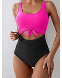 Emoswim - Damen Einteiliger Badeanzug Bauchkontrolle Figurformend Cutout mit Schleifenknoten Bademode - Rose