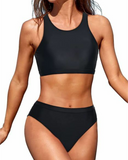 Emoswim - Ensemble de bikini deux pièces taille haute pour adolescentes - Noir