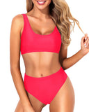 Emoswim – Bauchweg-High-Waist-Bikini, zweiteilig, Rundhals, für Damen – Neonrot