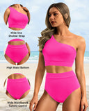 Emoswim - One-Shoulder-Bikini-Sets mit hoher Taille, zweiteiliger Badeanzug, Bauchkontrolle – Pink