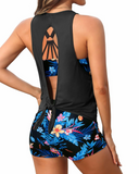 Emoswim - Women's 3 Piece Scoop Neck Criss Cross Tankini Swimsuits-Blue Red