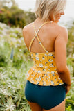 Emoswim-Peplum Tankini-Badeanzug in Senfgelb mit Gänseblümchenmuster