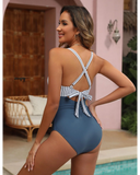 Emoswim - Damen Einteiler-Badeanzüge Push-up Bauchkontrolle Bademode V-Ausschnitt Cutout Dezente Bademode-Weiß/Blau