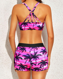 Emoswim – Damen 3-teiliger Tankini mit U-Ausschnitt und überkreuzten Trägern – Schwarz Pink Palme